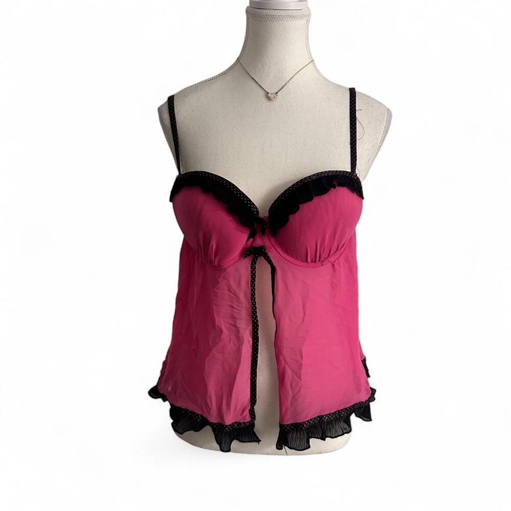 Linea Donatella Y2K Vintage Fairy Core Pink & Black Polka Dot +Lace Trim Size L